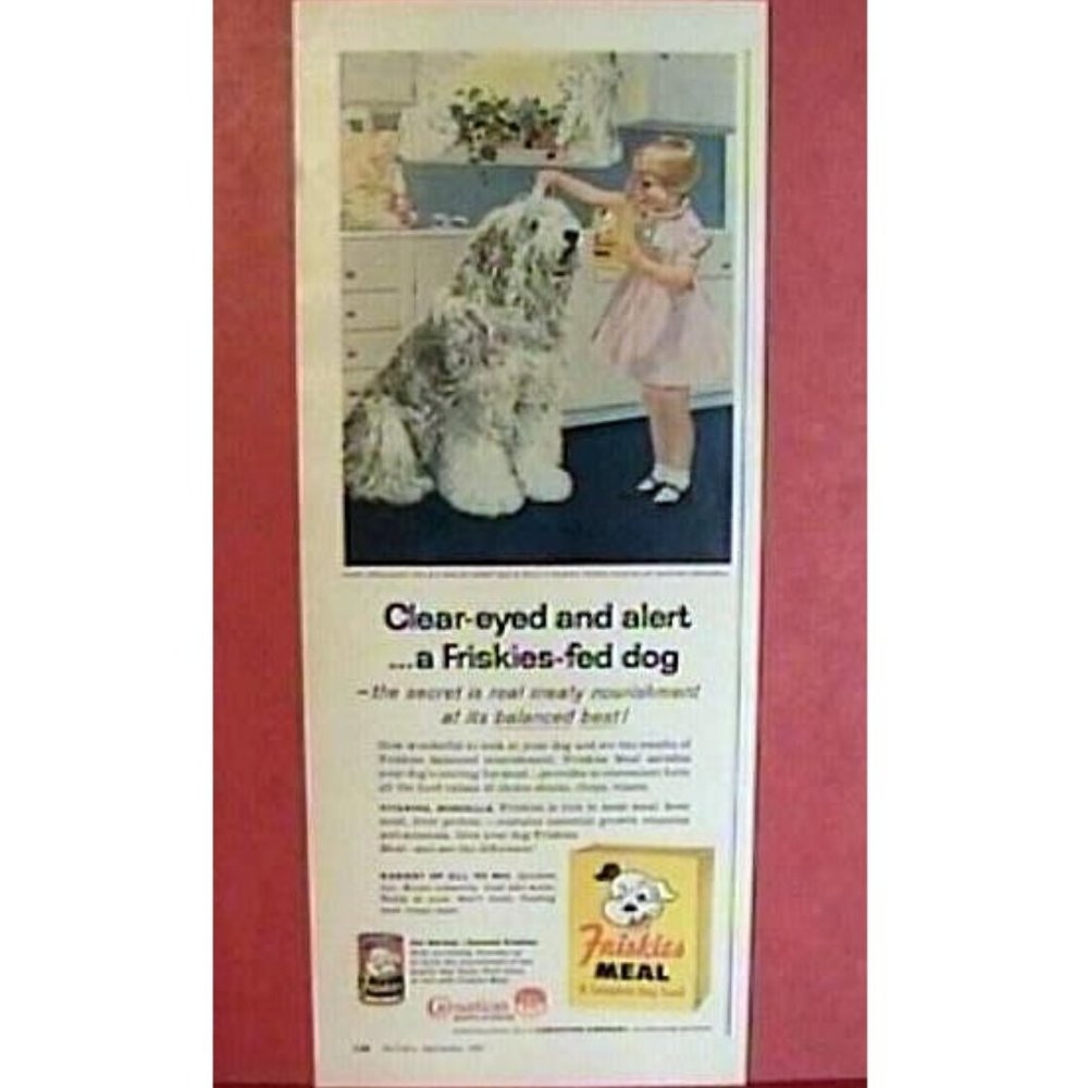 1957 Friskies Ad Crockwell Art Sheepdog & Girl